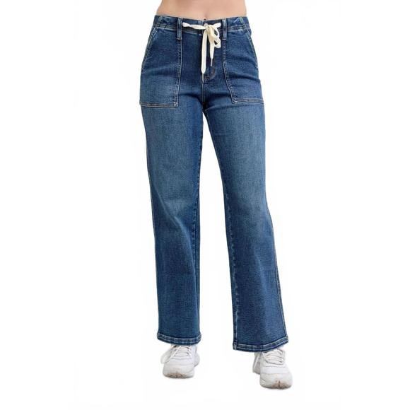 NEW JUDY BLUE high waist drawstring wide leg jeans in medium denim - Picture 1 of 7